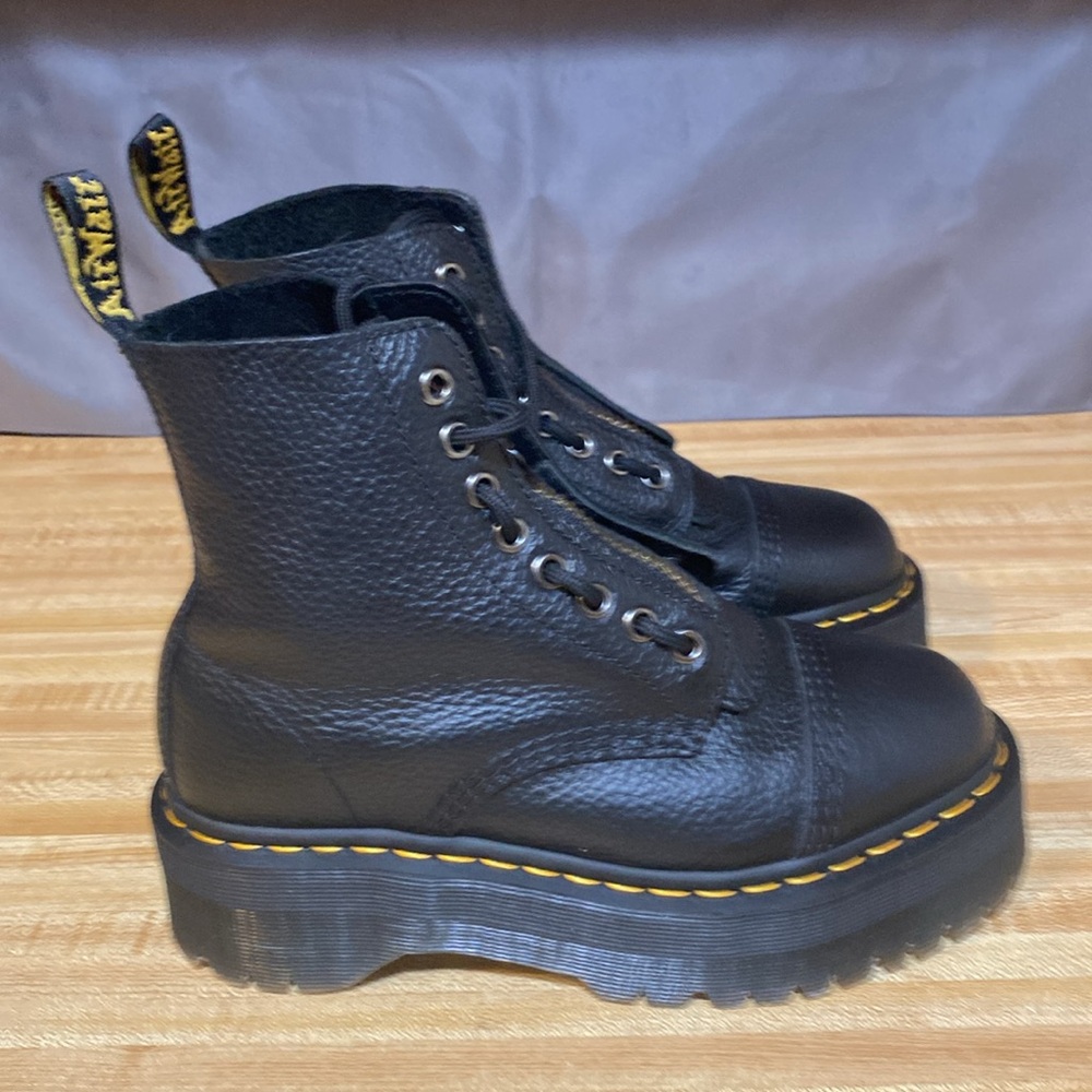Dr. Martens Black Pebbled Leather Platform Lace-Up Boots with Yellow Stitching